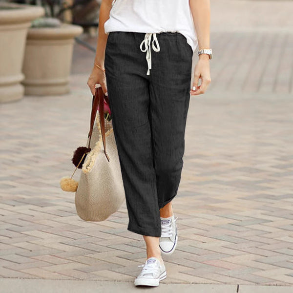 Linen Pants with Drawstring and Ankle-Length Cut for Women