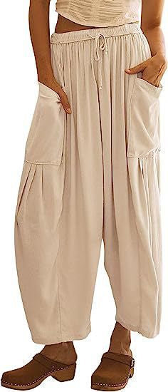 Linen Pants with Drawstring and Side Pocket for Women