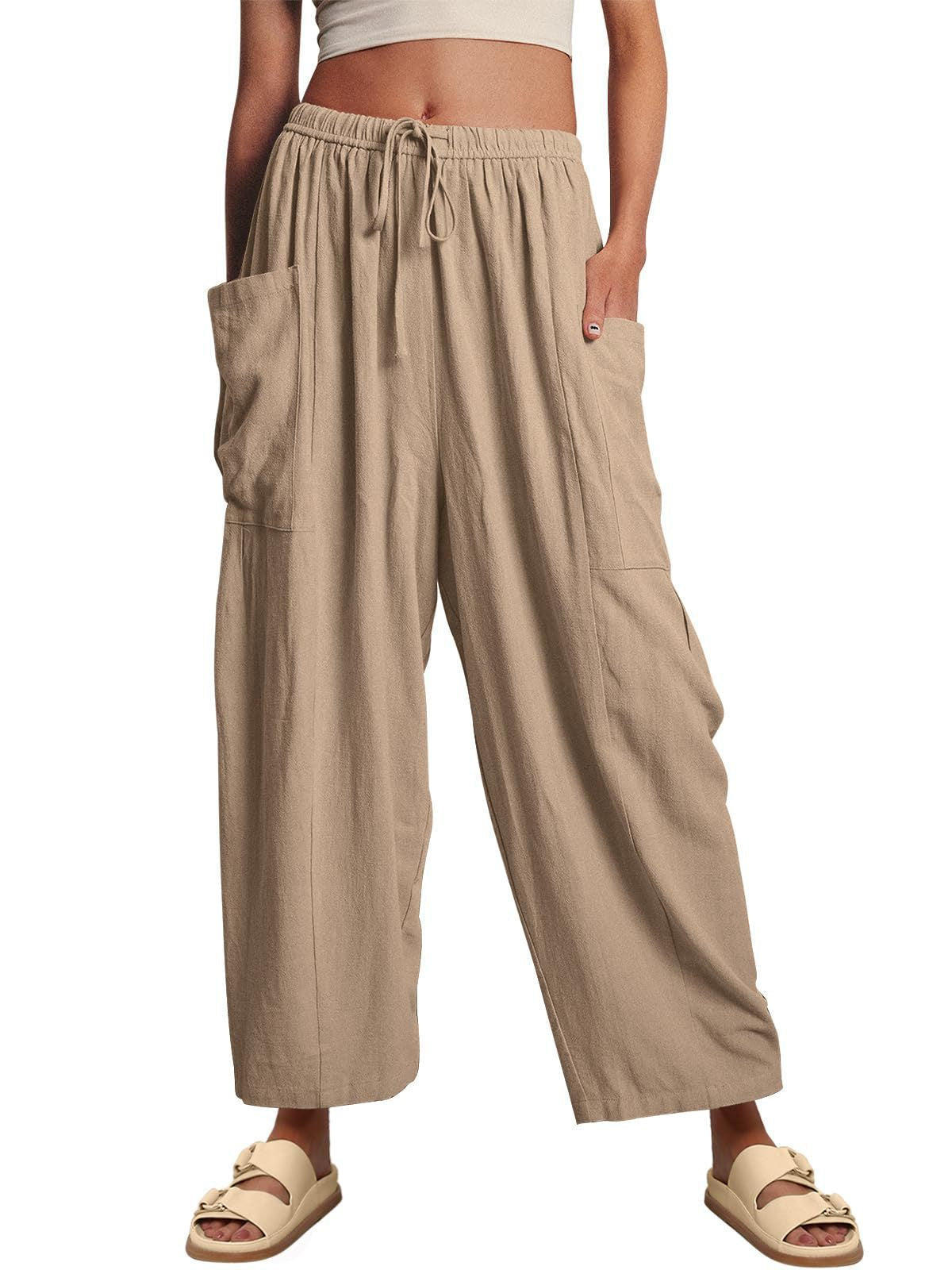 Linen Pants with Drawstring and Side Pocket for Women
