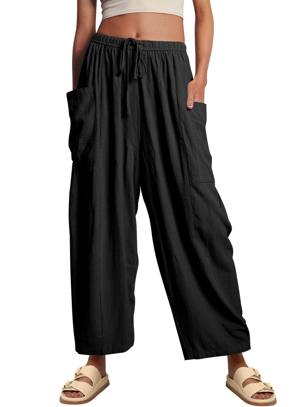 Linen Pants with Drawstring and Side Pocket for Women