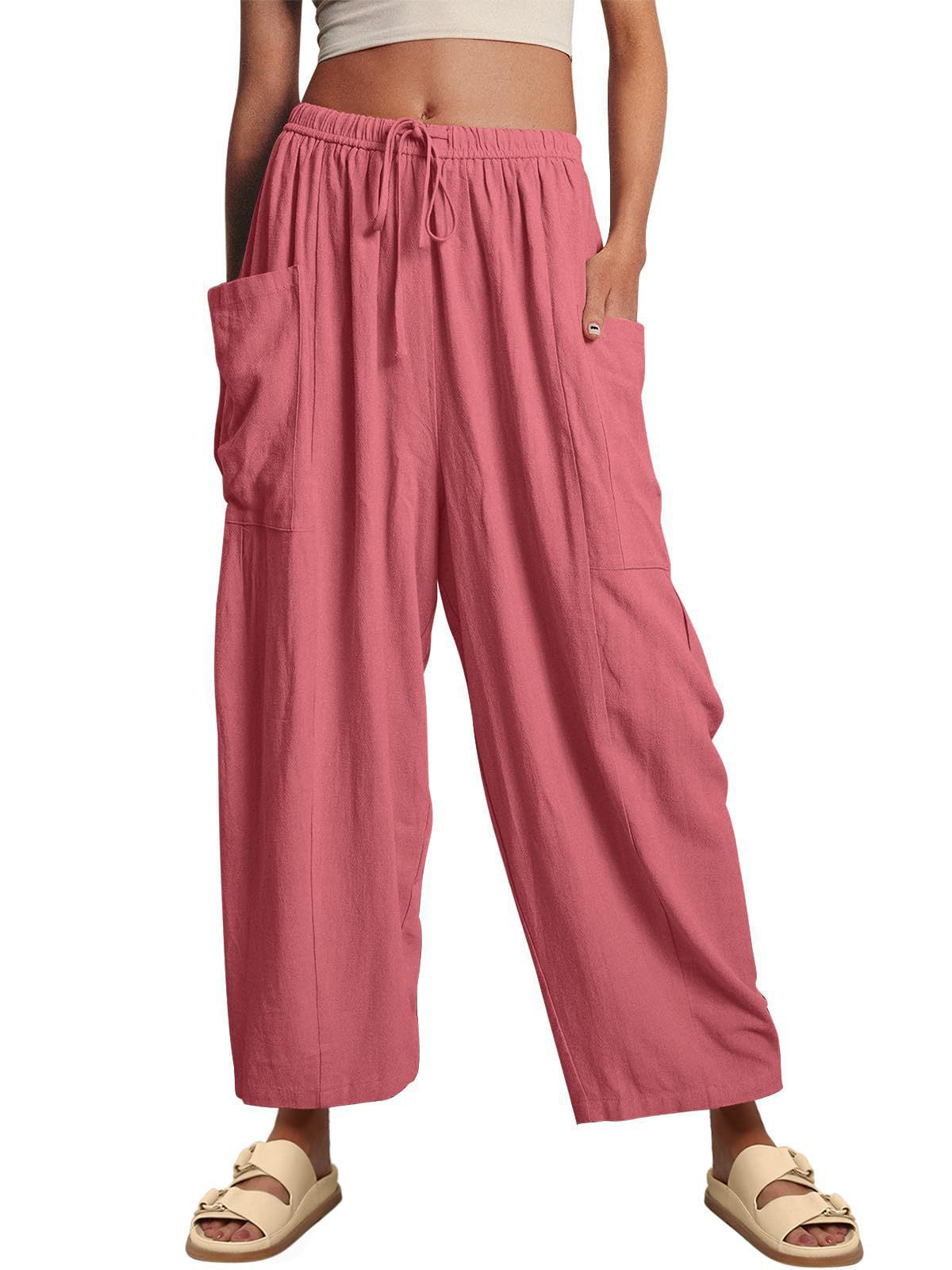 Linen Pants with Drawstring and Side Pocket for Women
