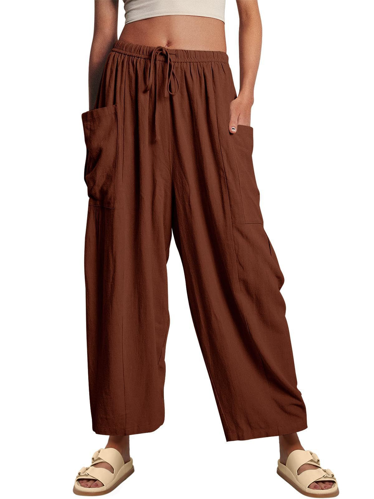 Linen Pants with Drawstring and Side Pocket for Women