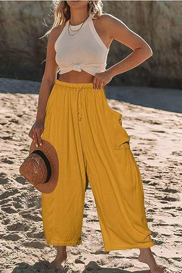 Linen Pants with Drawstring and Side Pocket for Women