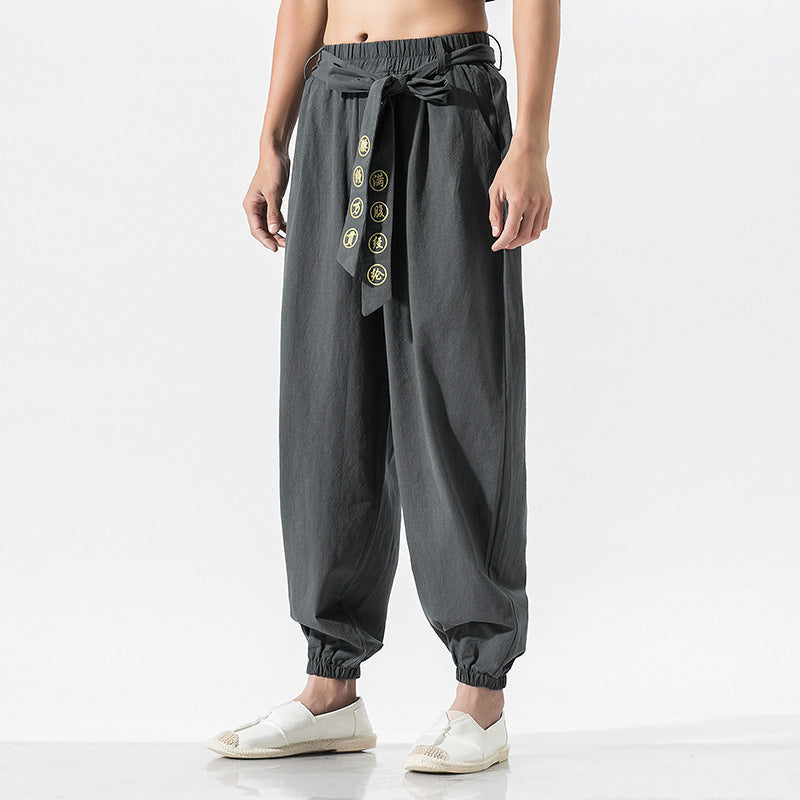 Linen Pants with Drawstring Waist and Ankle Cuffs for Women