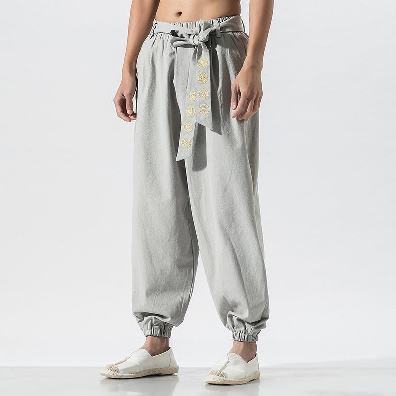 Linen Pants with Drawstring Waist and Ankle Cuffs for Women