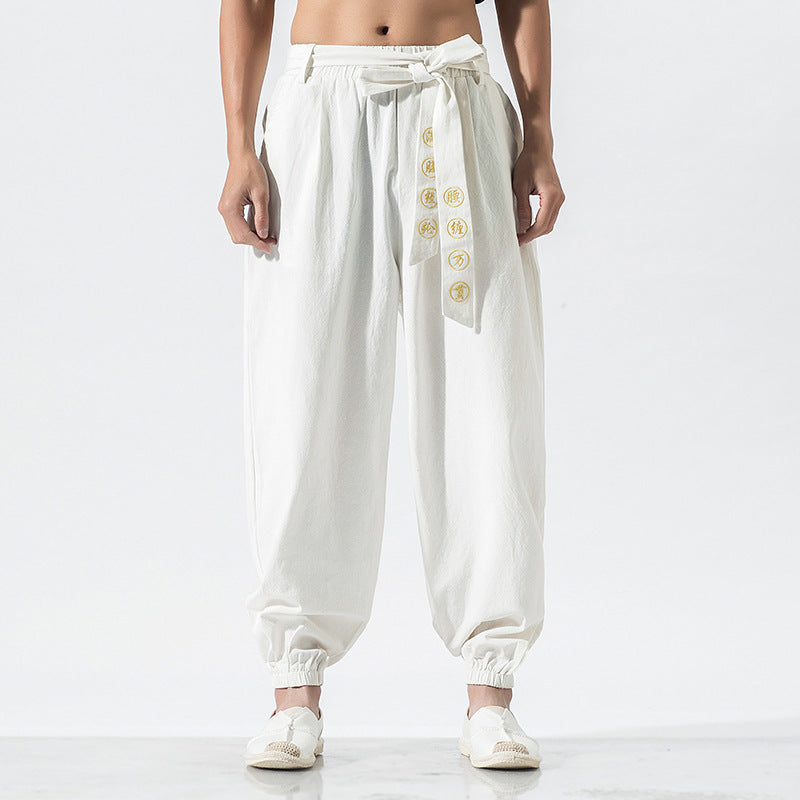 Linen Pants with Drawstring Waist and Ankle Cuffs for Women