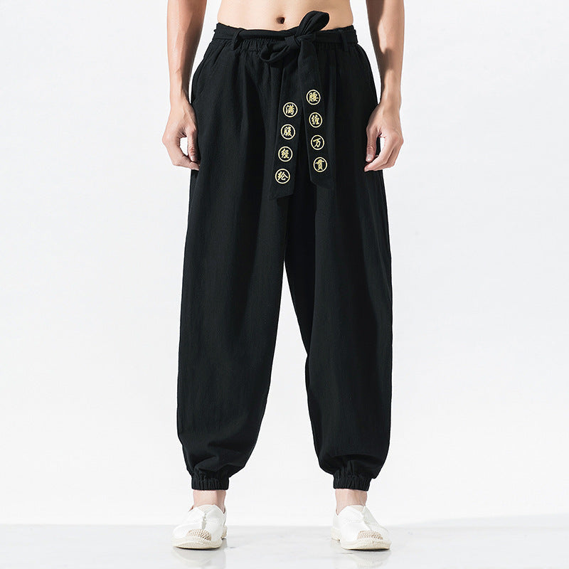 Linen Pants with Drawstring Waist and Ankle Cuffs for Women