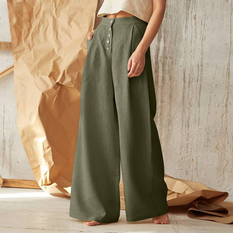 Linen Pants with High Waist and Side Pockets for Women