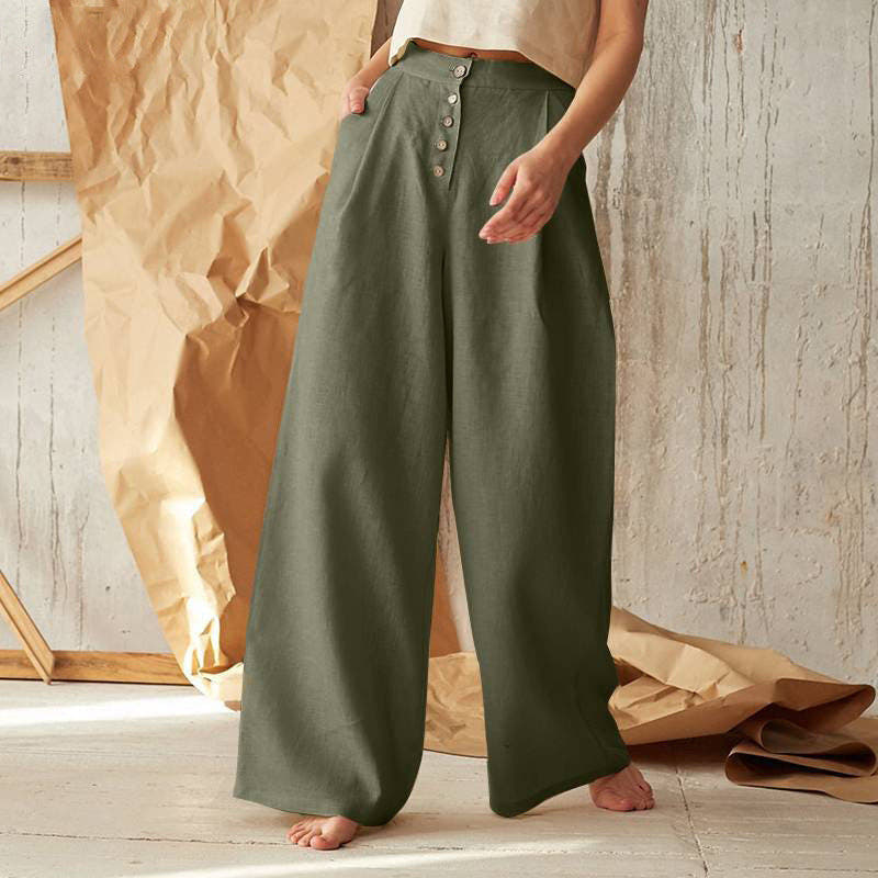 Linen Pants with High Waist and Side Pockets for Women