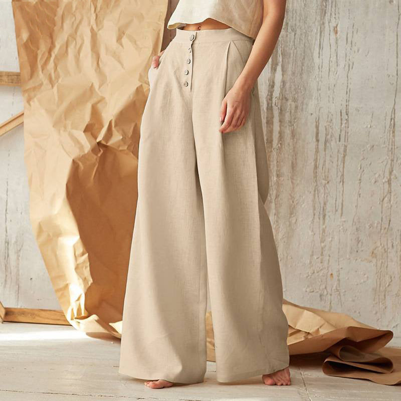 Linen Pants with High Waist and Side Pockets for Women