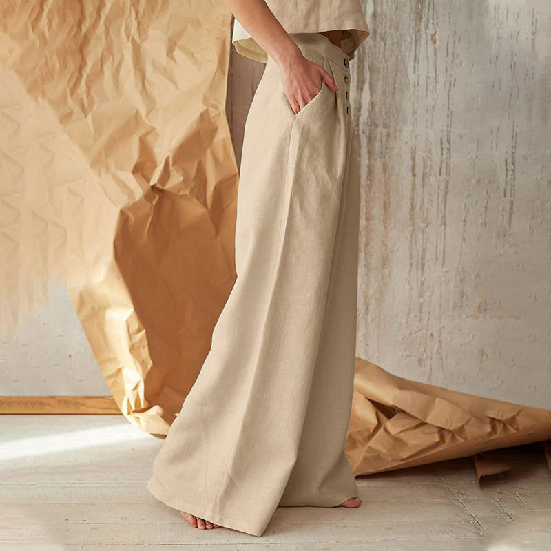 Linen Pants with High Waist and Side Pockets for Women