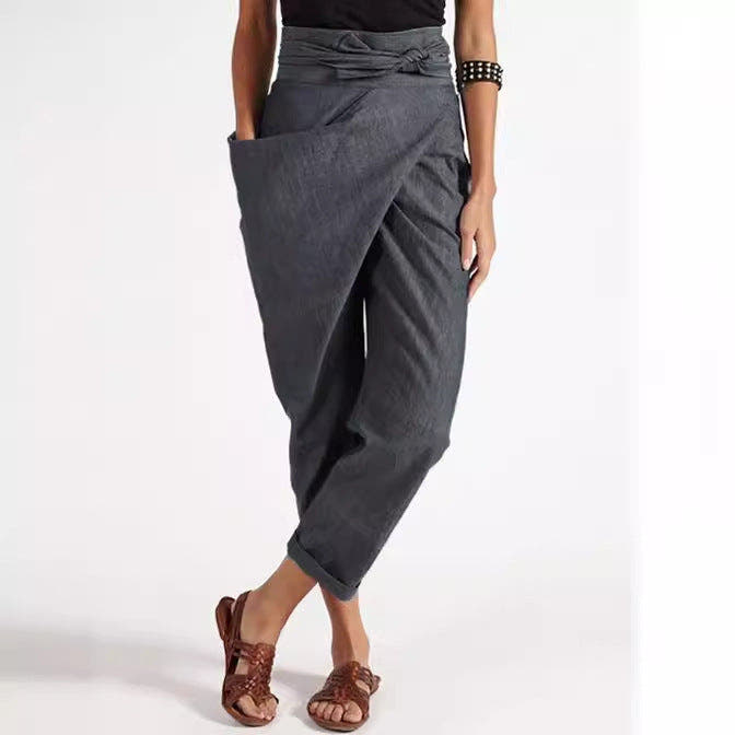 Linen Pants with High Waist and Wrap Front for Women