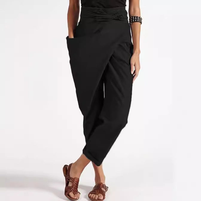 Linen Pants with High Waist and Wrap Front for Women