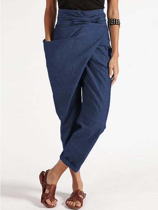 Linen Pants with High Waist and Wrap Front for Women