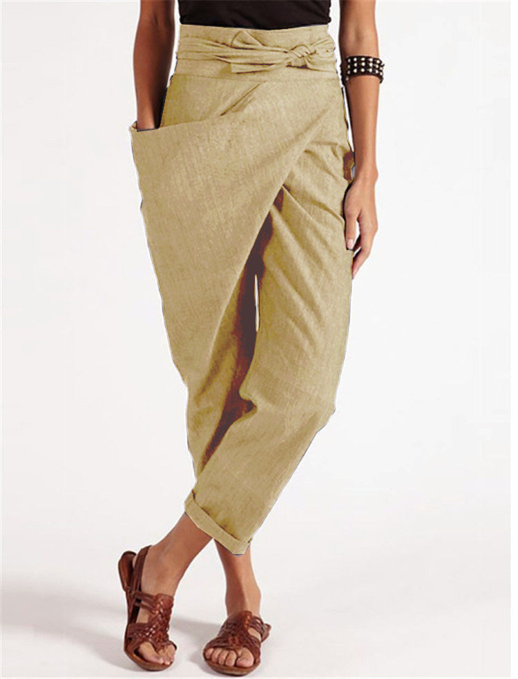 Linen Pants with High Waist and Wrap Front for Women