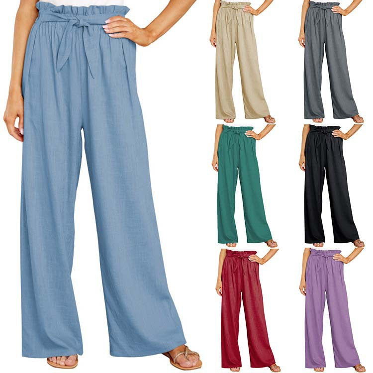 Linen Pants with Paperbag Waist and Wide Legs for Women