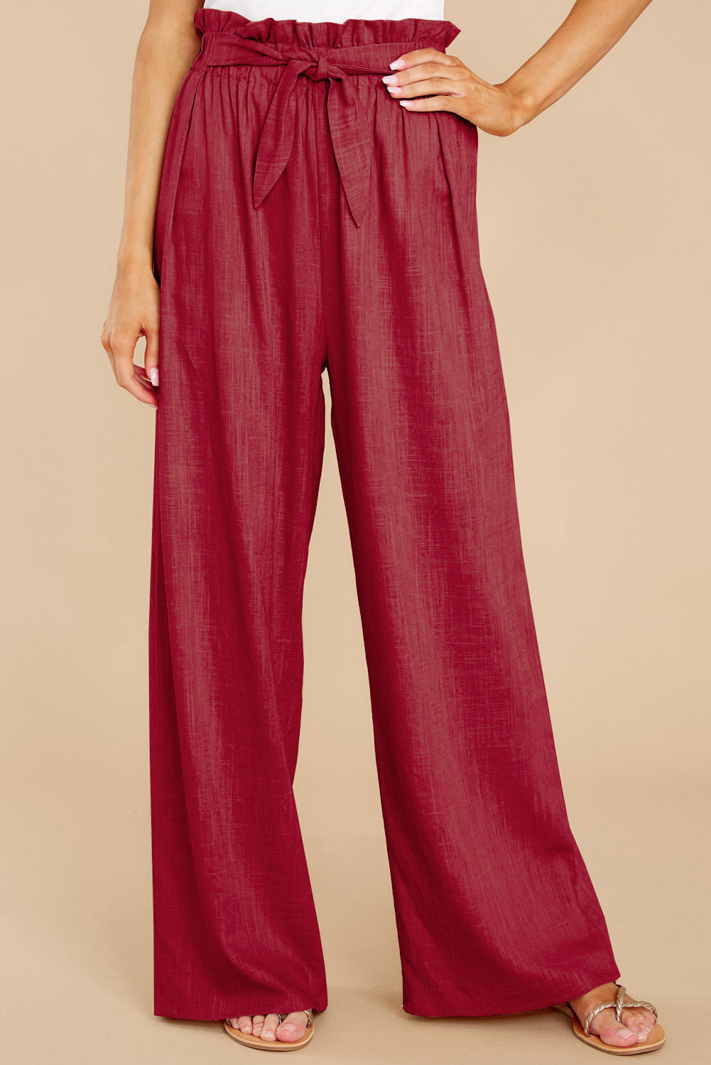 Linen Pants with Paperbag Waist and Wide Legs for Women