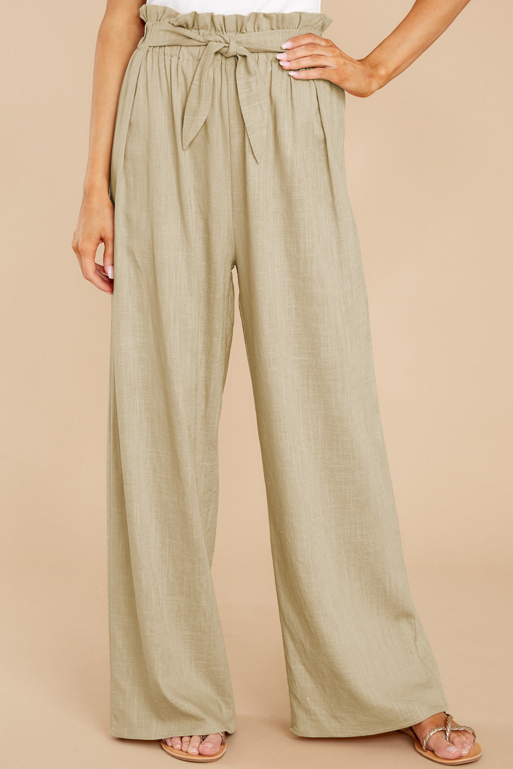 Linen Pants with Paperbag Waist and Wide Legs for Women