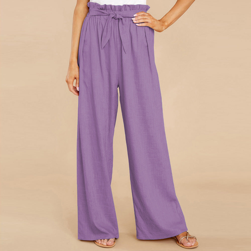 Linen Pants with Paperbag Waist and Wide Legs for Women