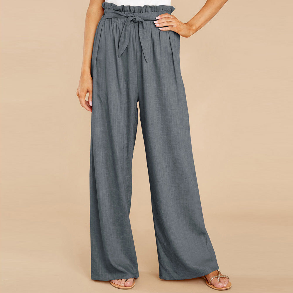 Linen Pants with Paperbag Waist and Wide Legs for Women