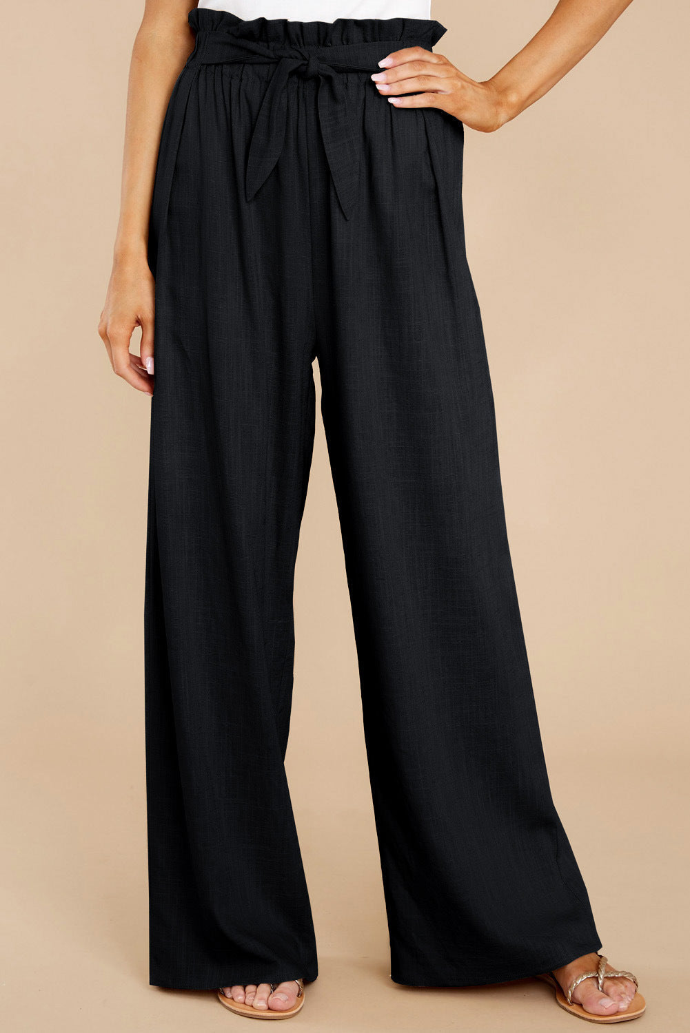 Linen Pants with Paperbag Waist and Wide Legs for Women