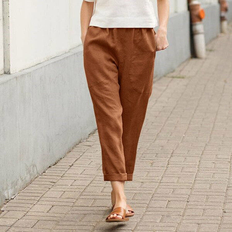 Linen Pants with Tapered Legs and Rolled Hems for Women