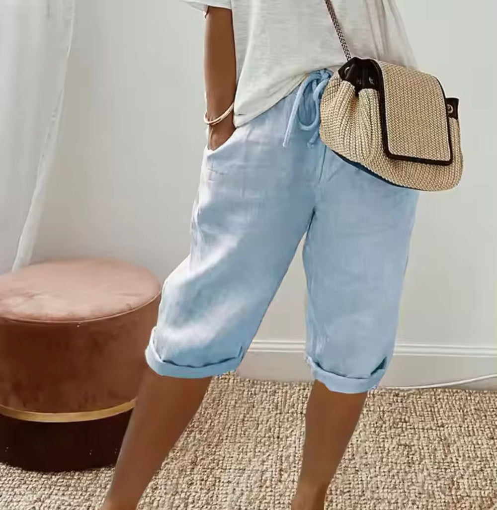Linen Shorts with Relaxed Fit and Rolled Hems