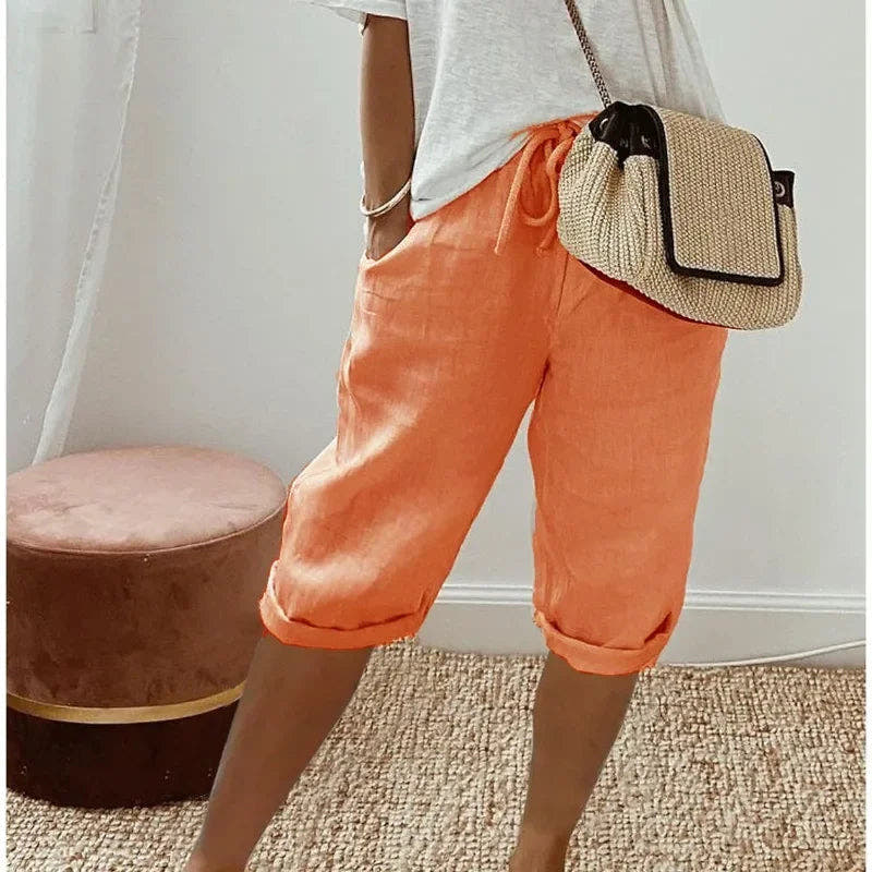 Linen Shorts with Relaxed Fit and Rolled Hems