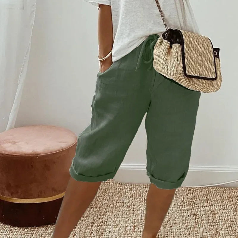 Linen Shorts with Relaxed Fit and Rolled Hems