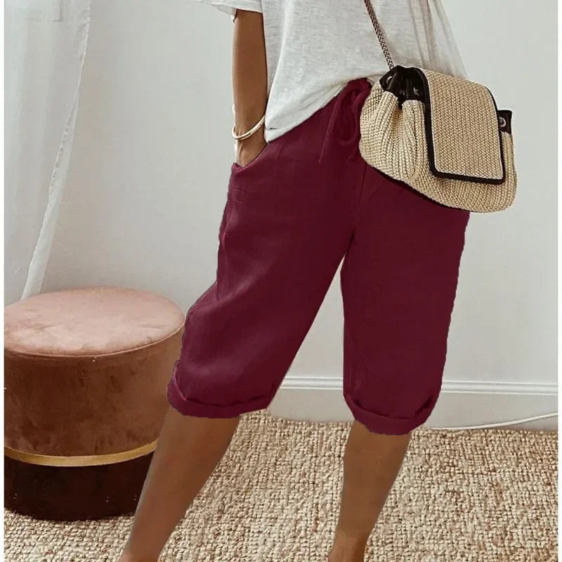 Linen Shorts with Relaxed Fit and Rolled Hems