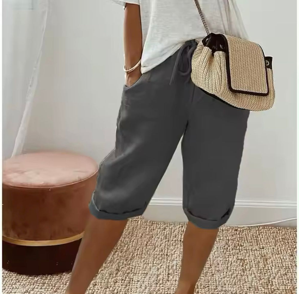 Linen Shorts with Relaxed Fit and Rolled Hems