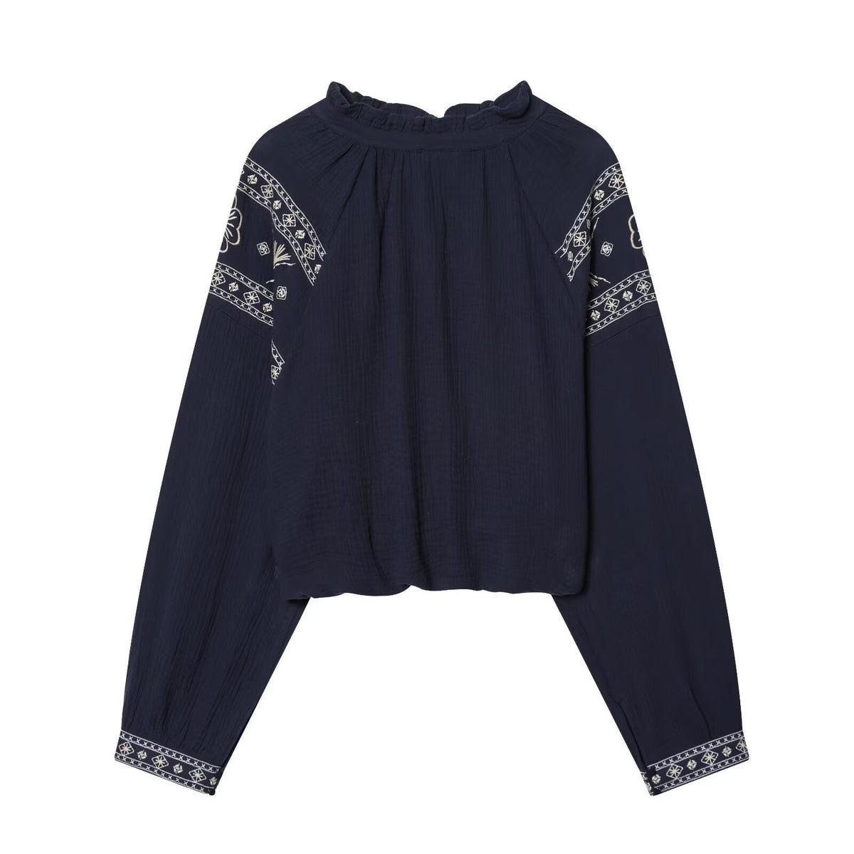 Long Sleeve Top with Embroidery and Stand Collar for Women