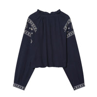 Long Sleeve Top with Embroidery and Stand Collar for Women