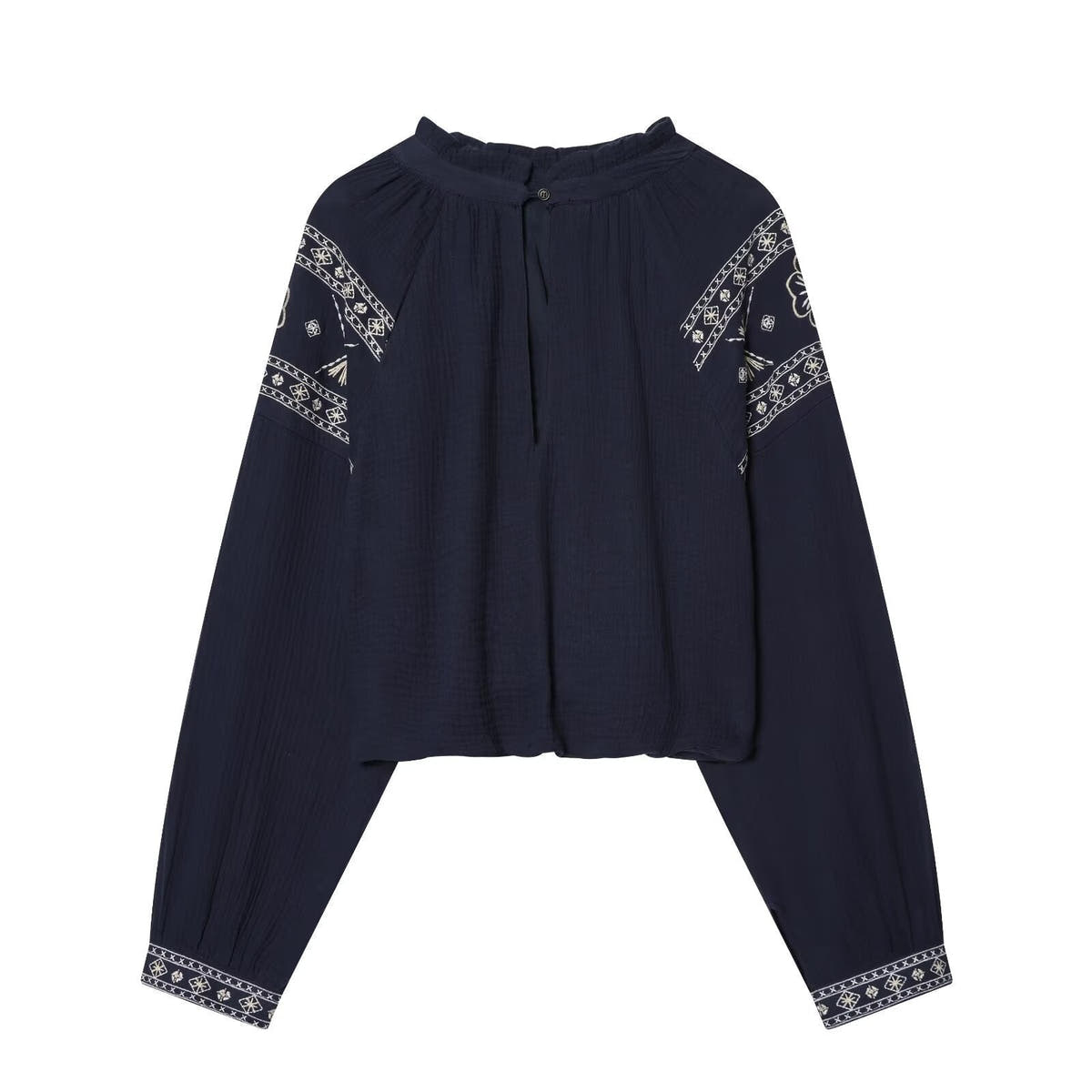Long Sleeve Top with Embroidery and Stand Collar for Women