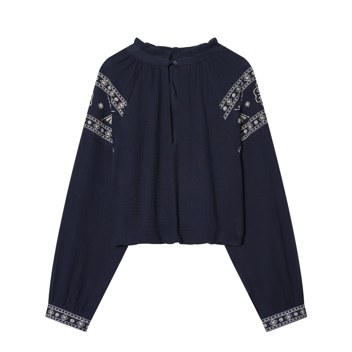 Long Sleeve Top with Embroidery and Stand Collar for Women