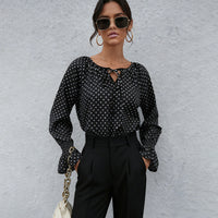 Long Sleeve Top with Polka Dots and Tie Neck for Women