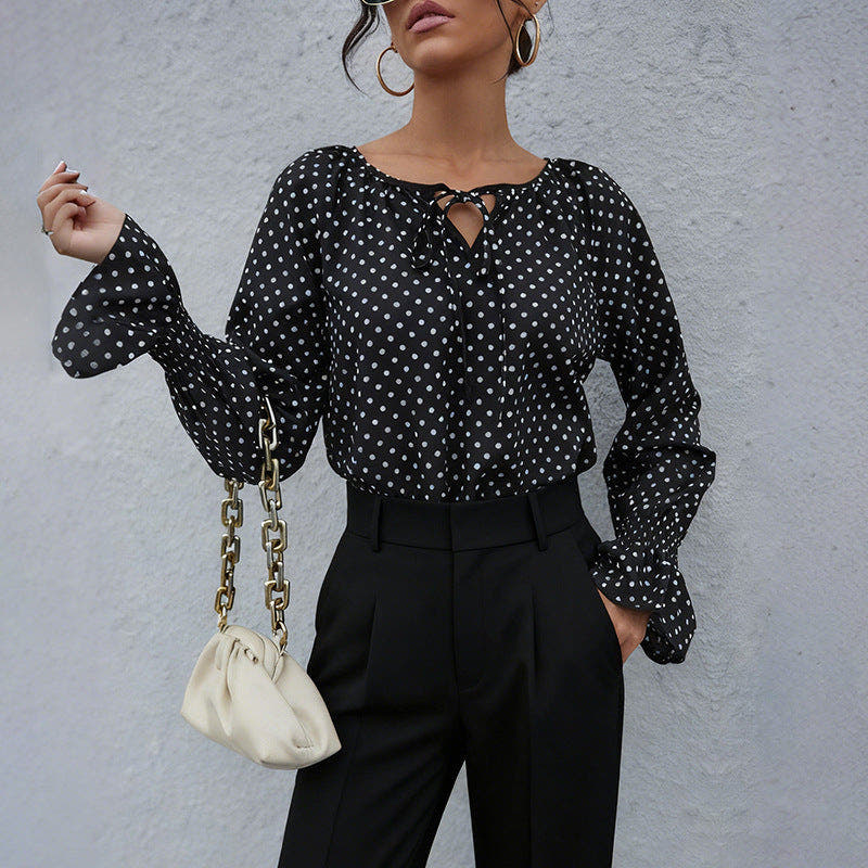 Long Sleeve Top with Polka Dots and Tie Neck for Women