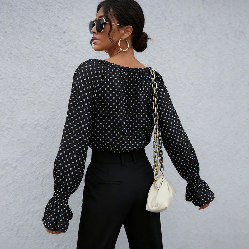 Long Sleeve Top with Polka Dots and Tie Neck for Women