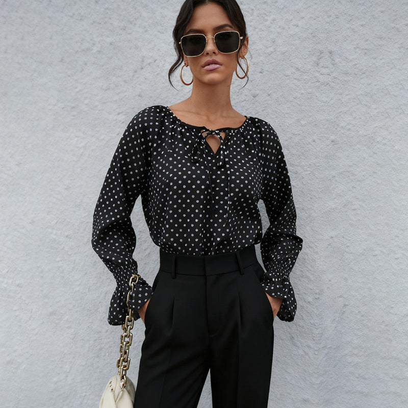 Long Sleeve Top with Polka Dots and Tie Neck for Women