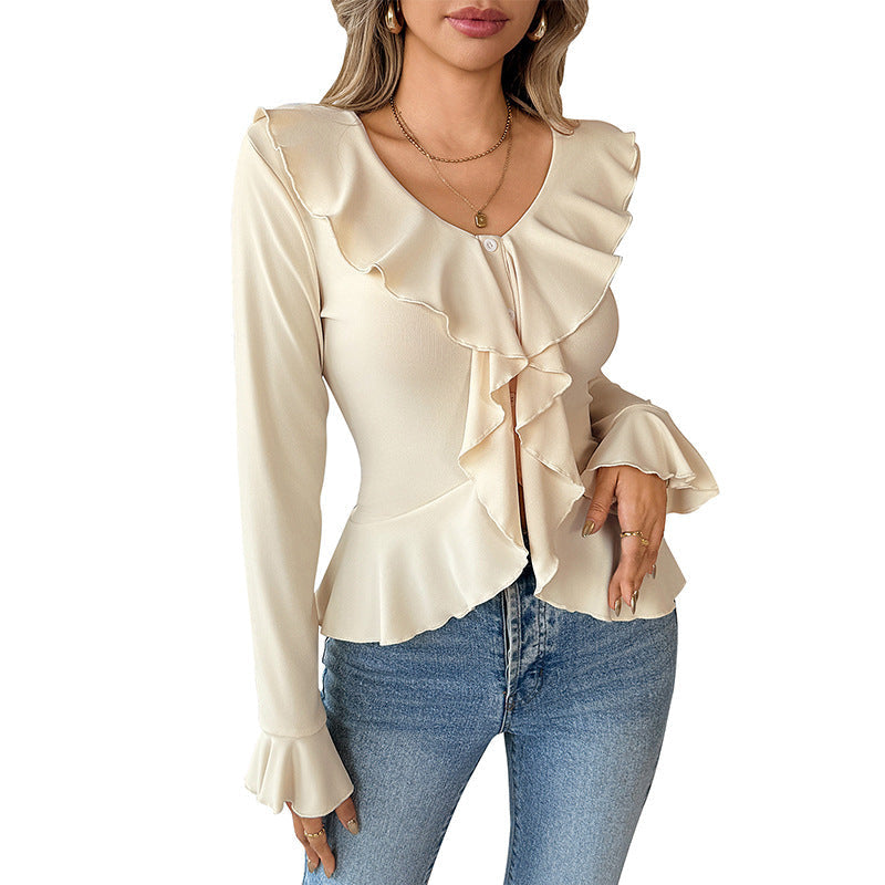 Long Sleeve Top with Ruffle Collar and Peplum for Women
