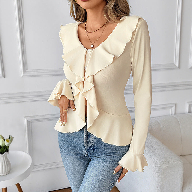Long Sleeve Top with Ruffle Collar and Peplum for Women
