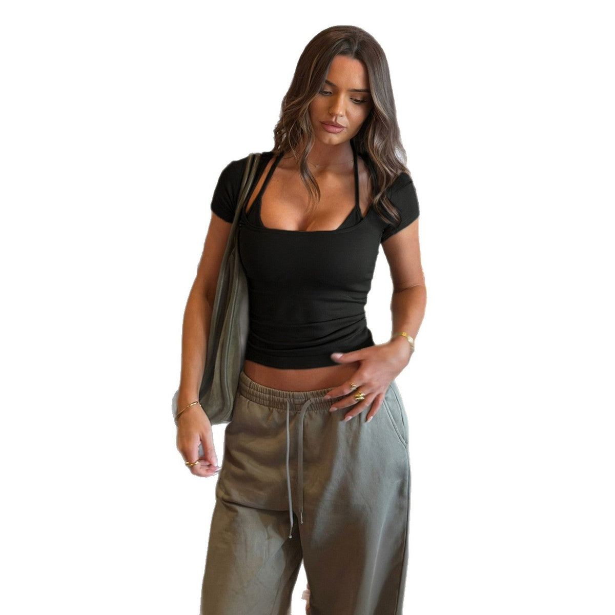 Long Sleeve Top with Square Neck and Halter Tie for Women