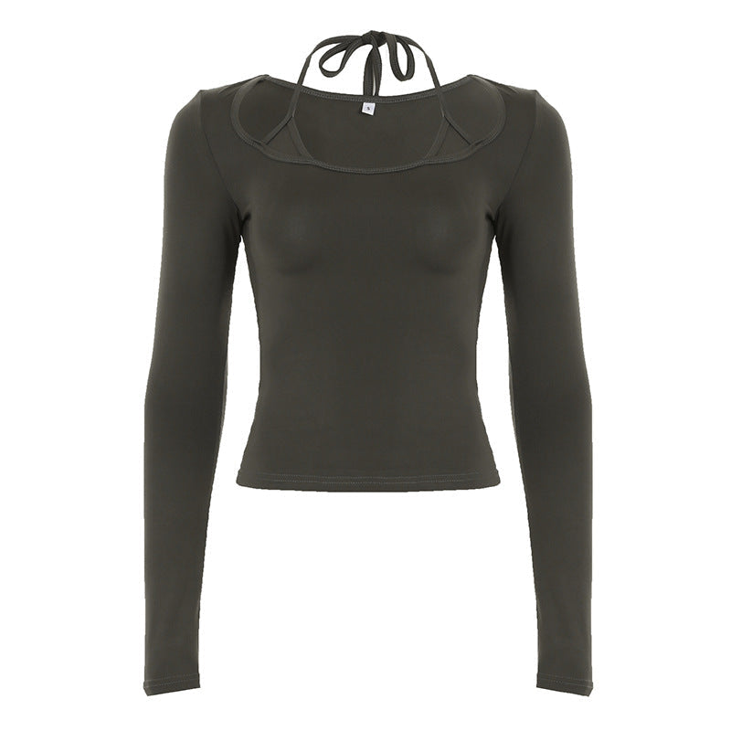 Long Sleeve Top with Square Neck and Halter Tie for Women