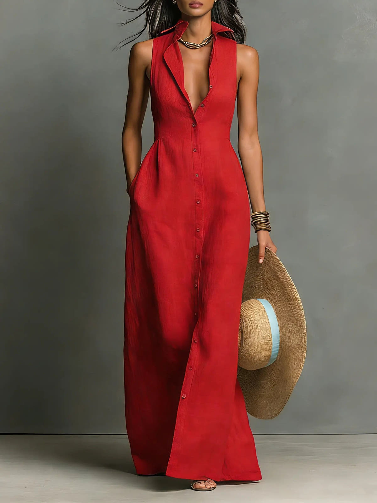 Maxi Dress with Collar and Button Front for Women
