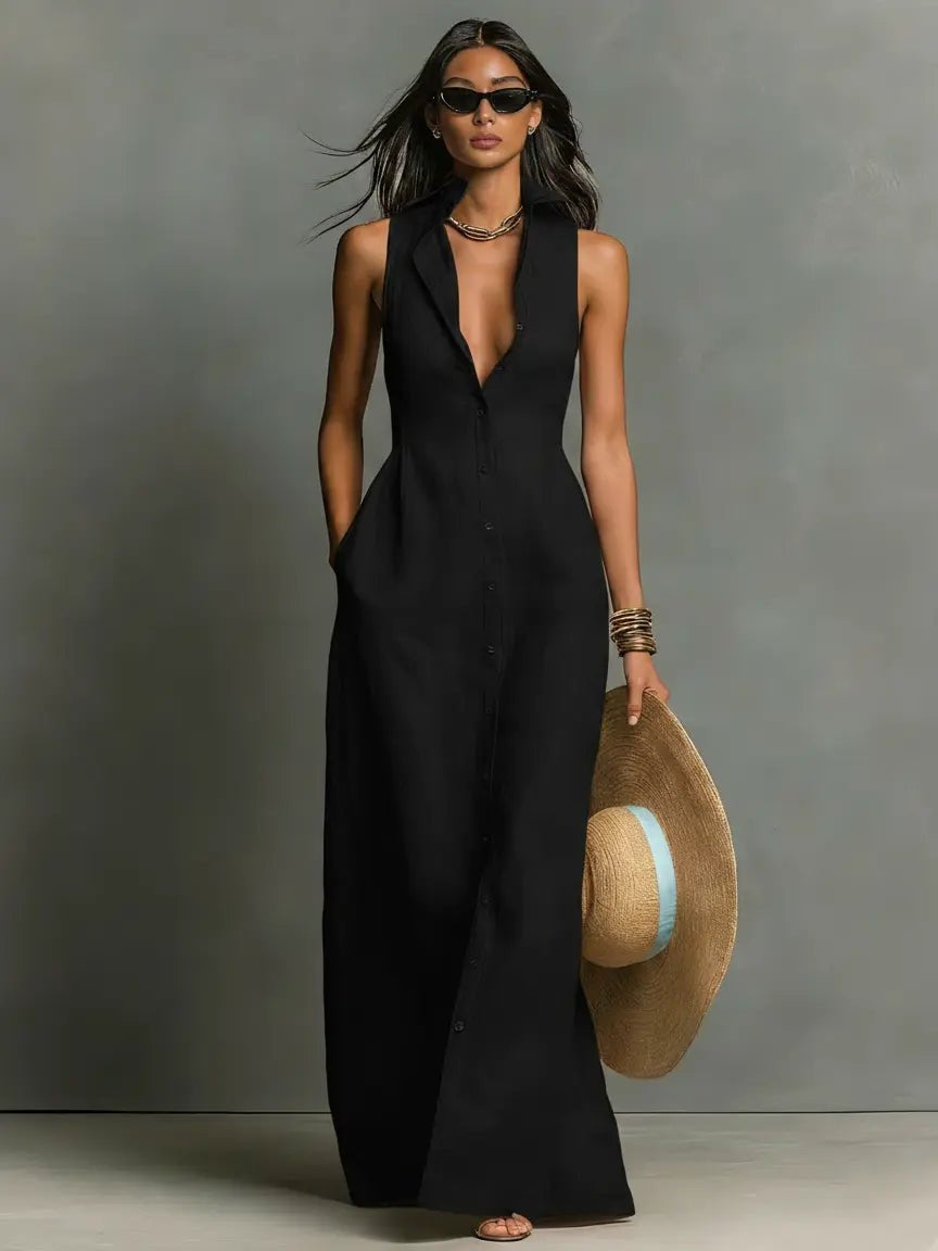 Maxi Dress with Collar and Button Front for Women