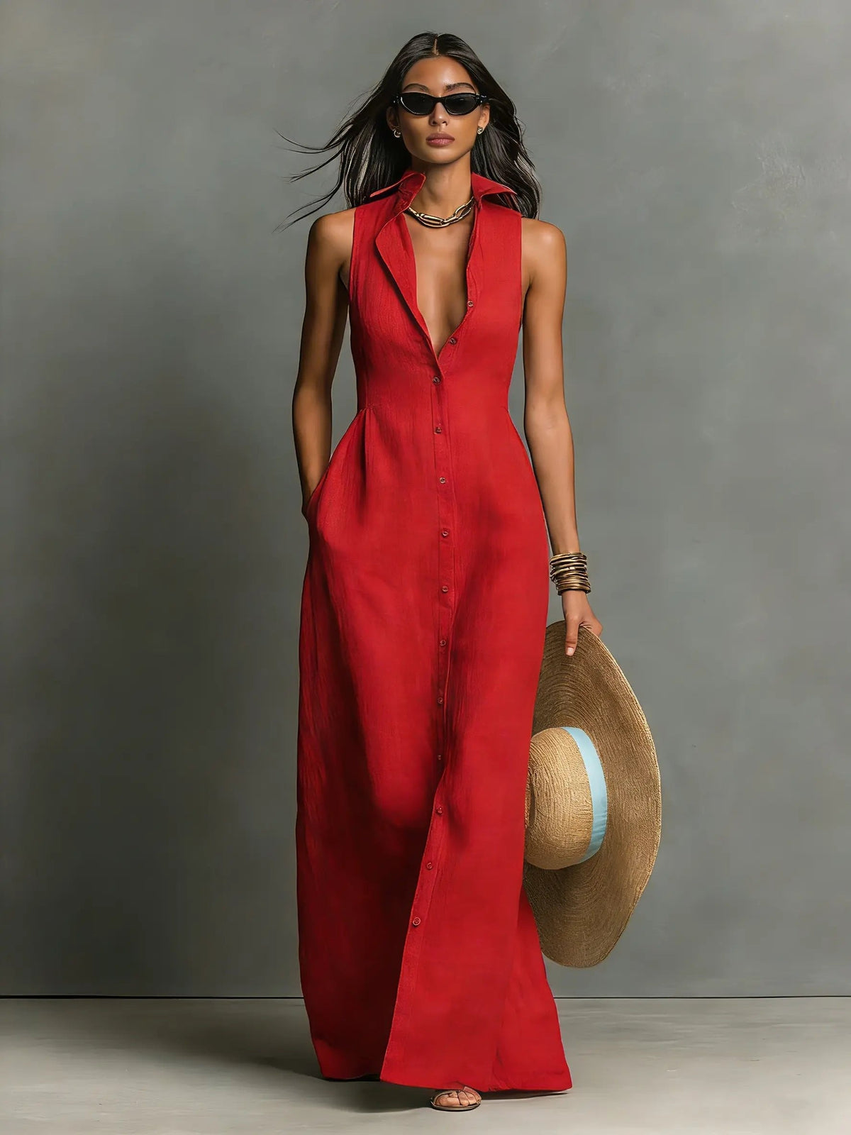 Maxi Dress with Collar and Button Front for Women