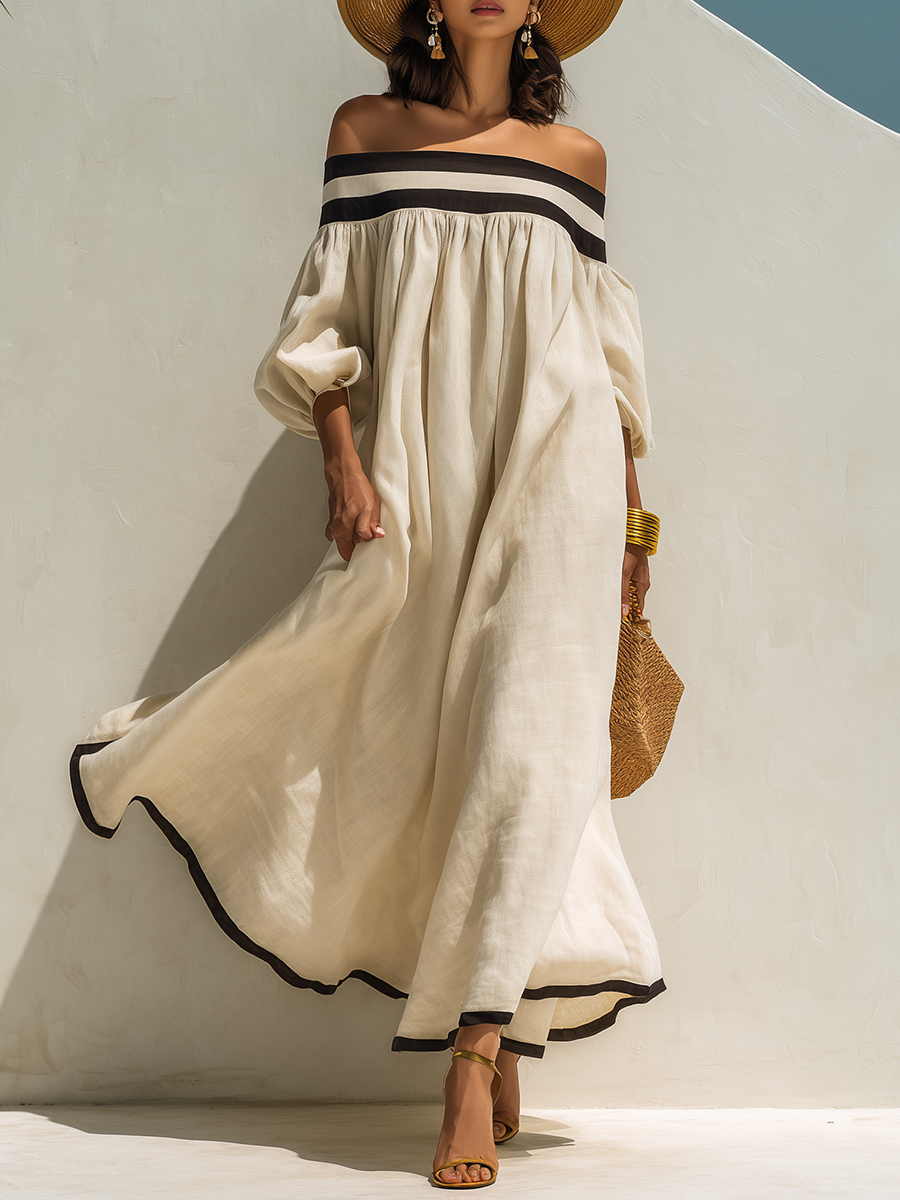 Maxi Dress with Colour Blocking and Off-the-Shoulder Neckline
