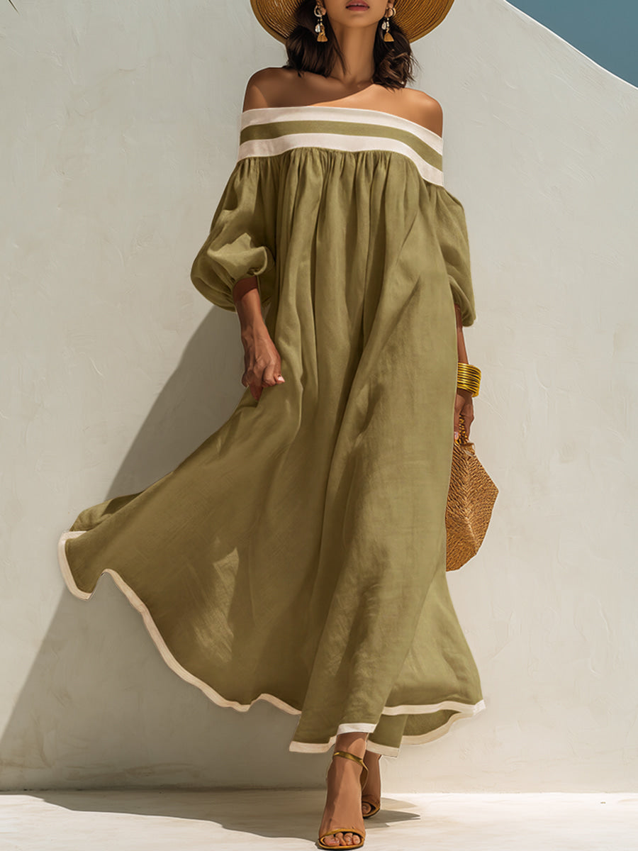 Maxi Dress with Colour Blocking and Off-the-Shoulder Neckline