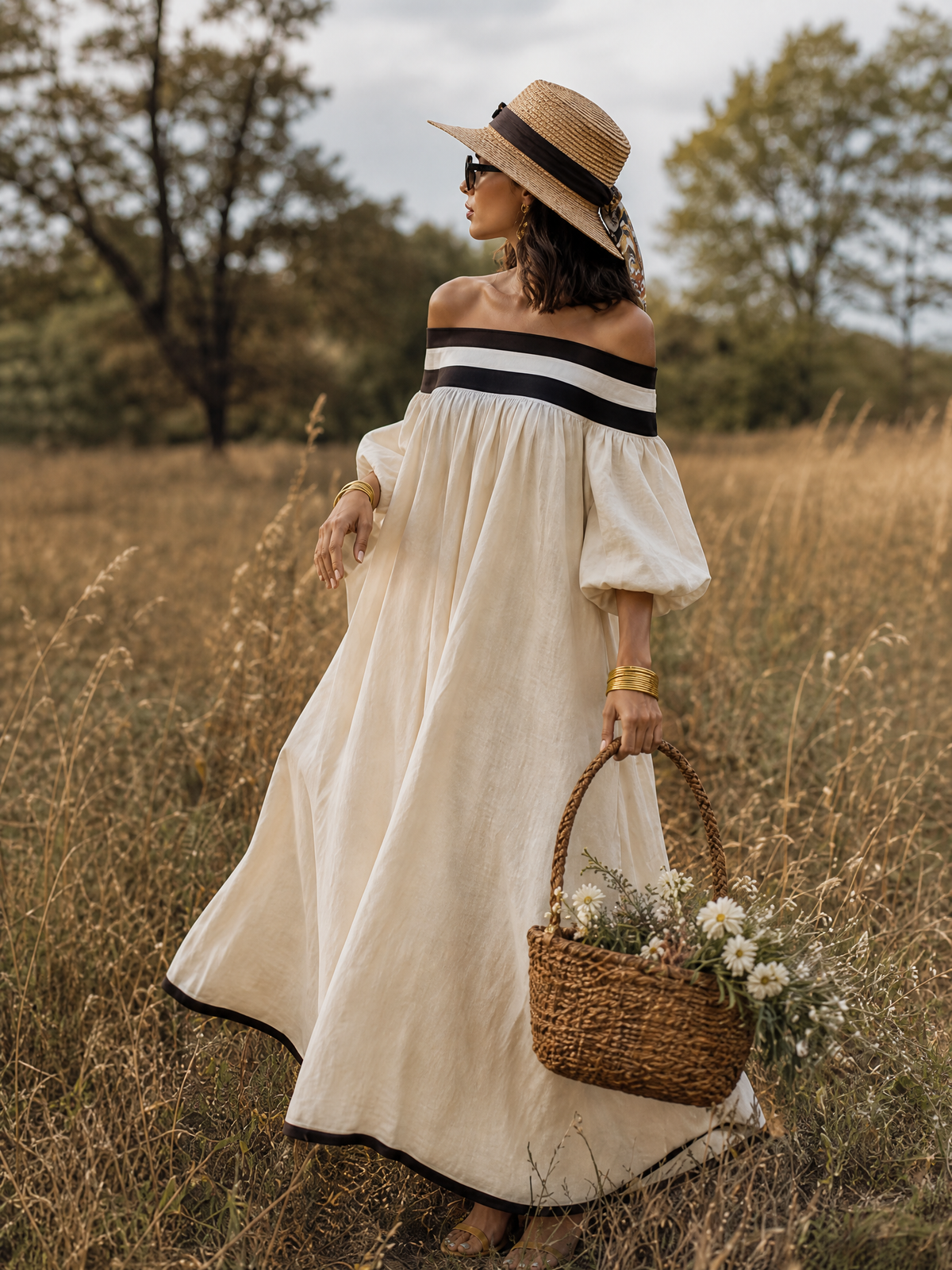 Maxi Dress with Colour Blocking and Off-the-Shoulder Neckline