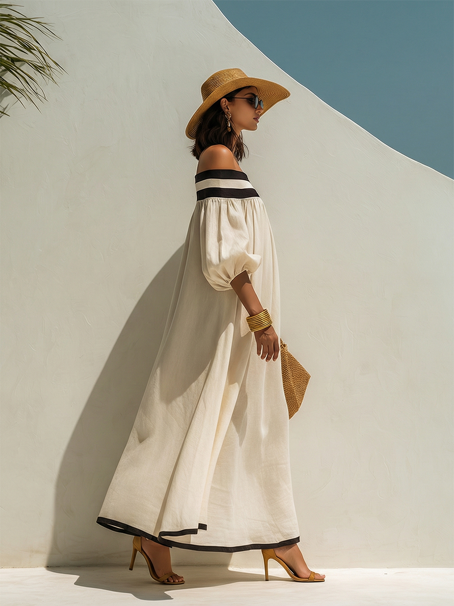 Maxi Dress with Colour Blocking and Off-the-Shoulder Neckline